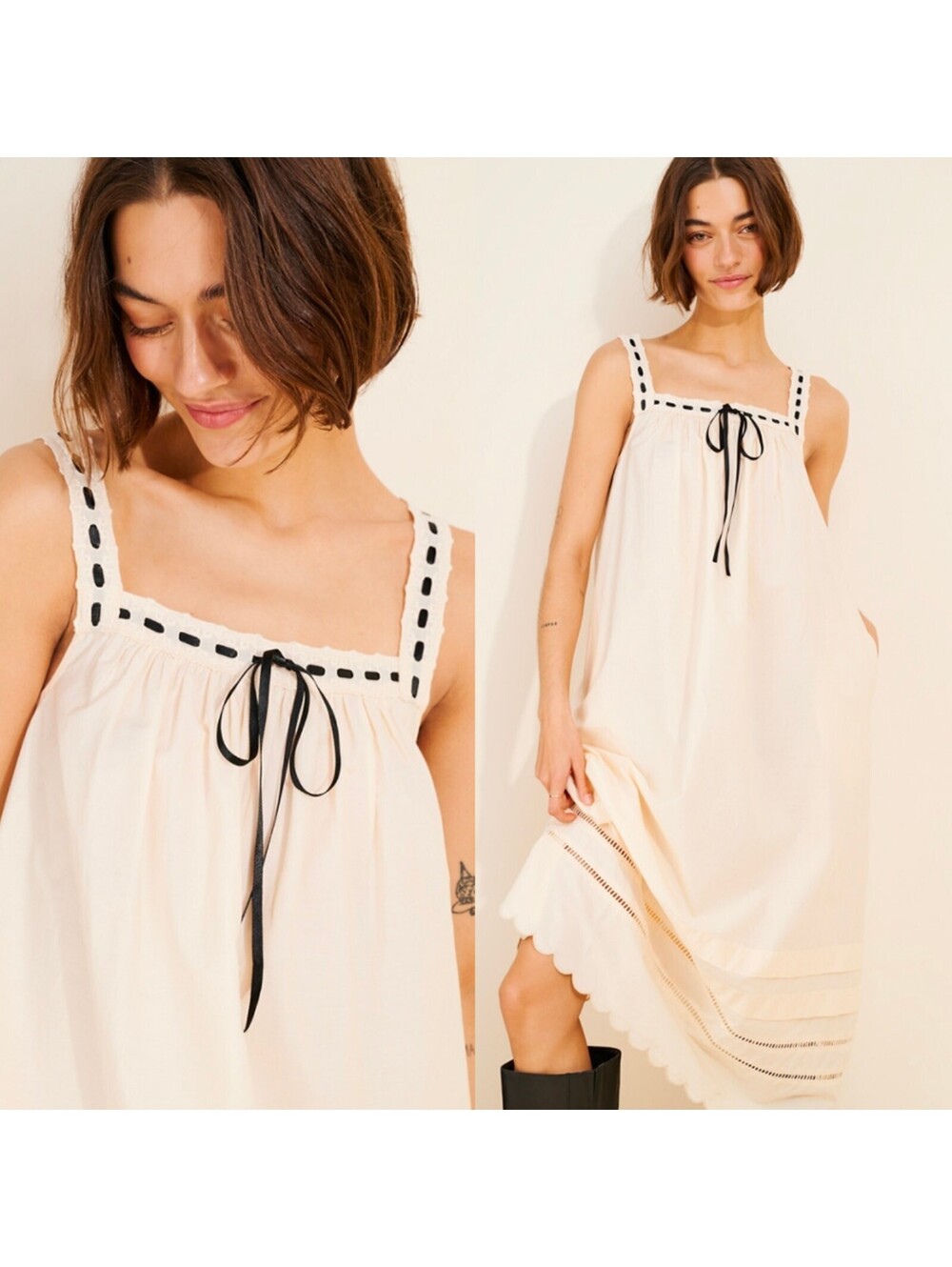 Anthropologie Ivory Slip Shift Dress Medium Boho Cottagecore Scalloped Ribbon